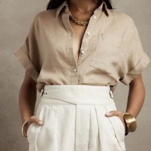Beige Oversized Linen & Viscose Woven Button Up Shirt